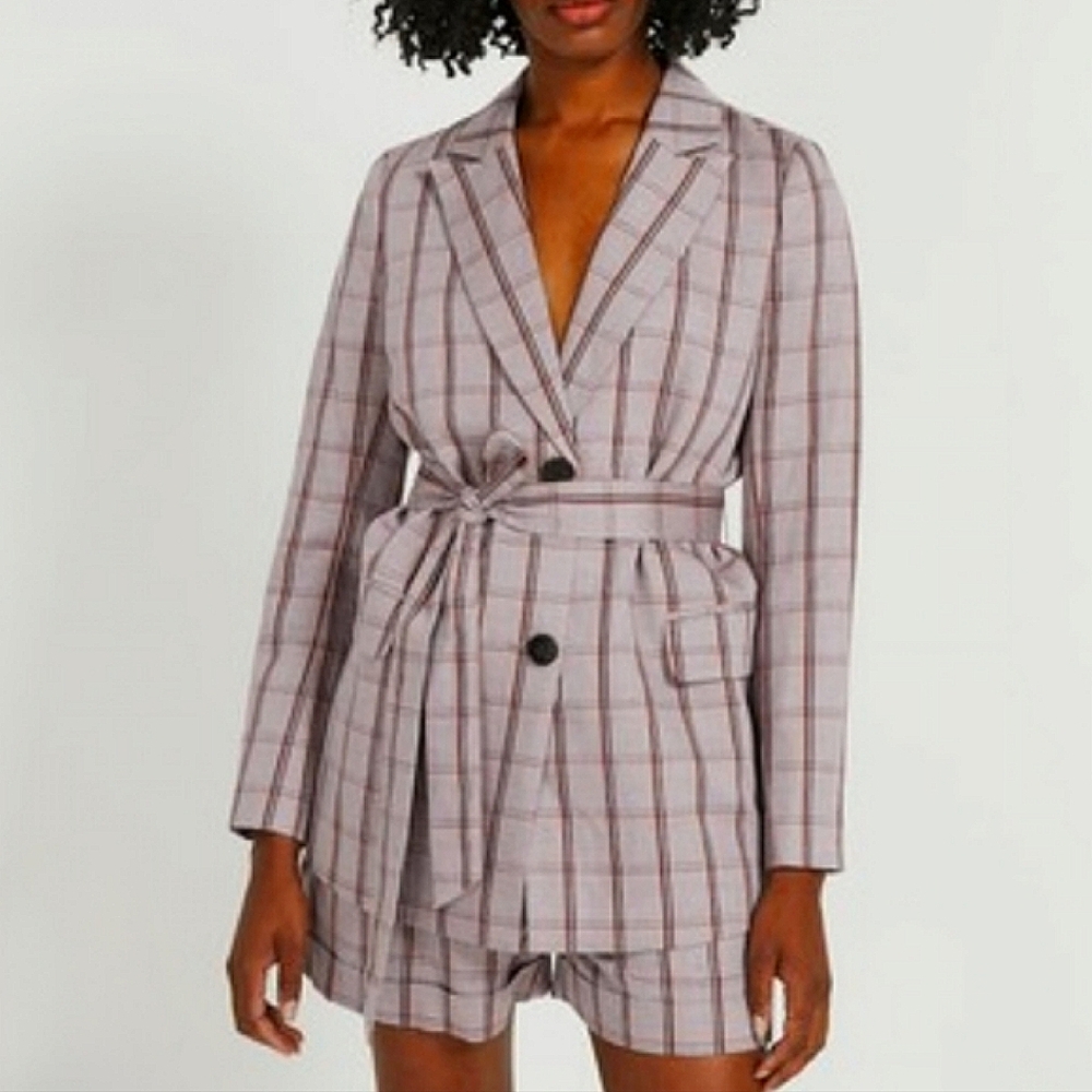FRANK & OAK Plaid Linen Oversized Blazer Belt  Mauve Pink XS